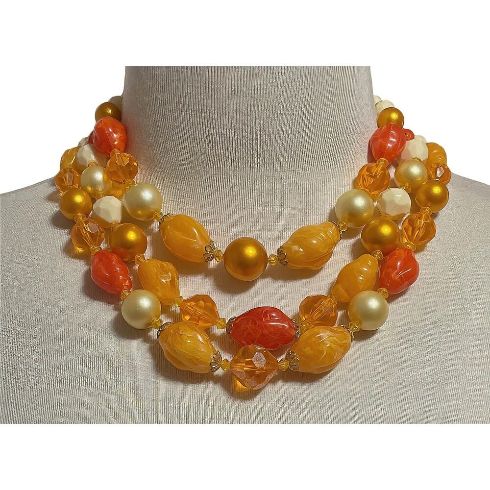 1960s Germany Orange & Cream 3 Strand Beaded Choker Necklace Vintage Mod